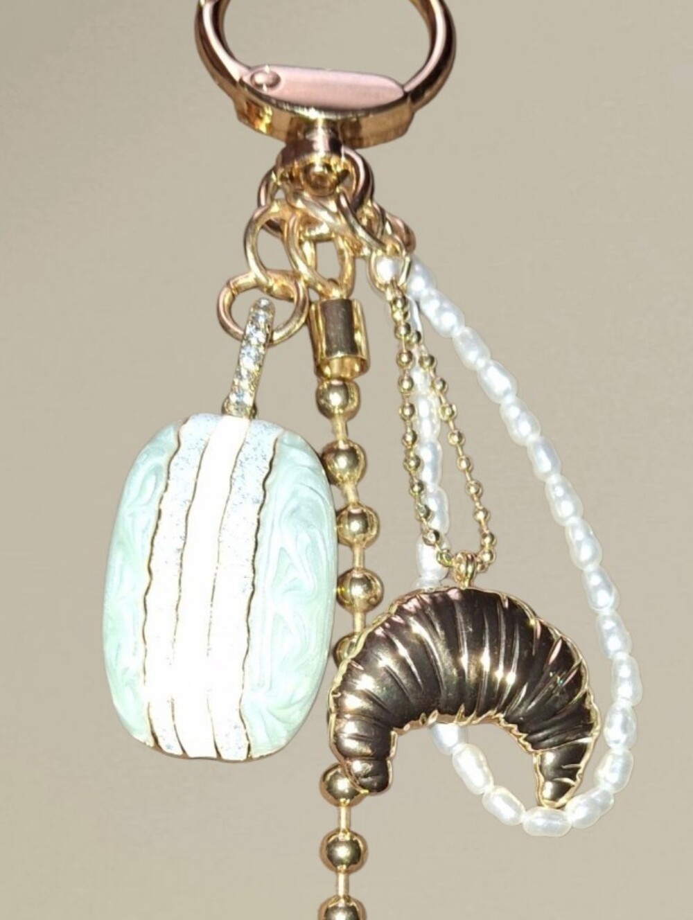 Goldtone Light Blue Enamel Beaded Keychain Bag Charm Keyring